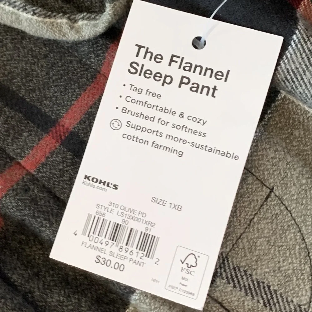 Sonoma Big Mens The Flannel Sleep Pant  1XB New with Tags Olive Plaid Soft Warm